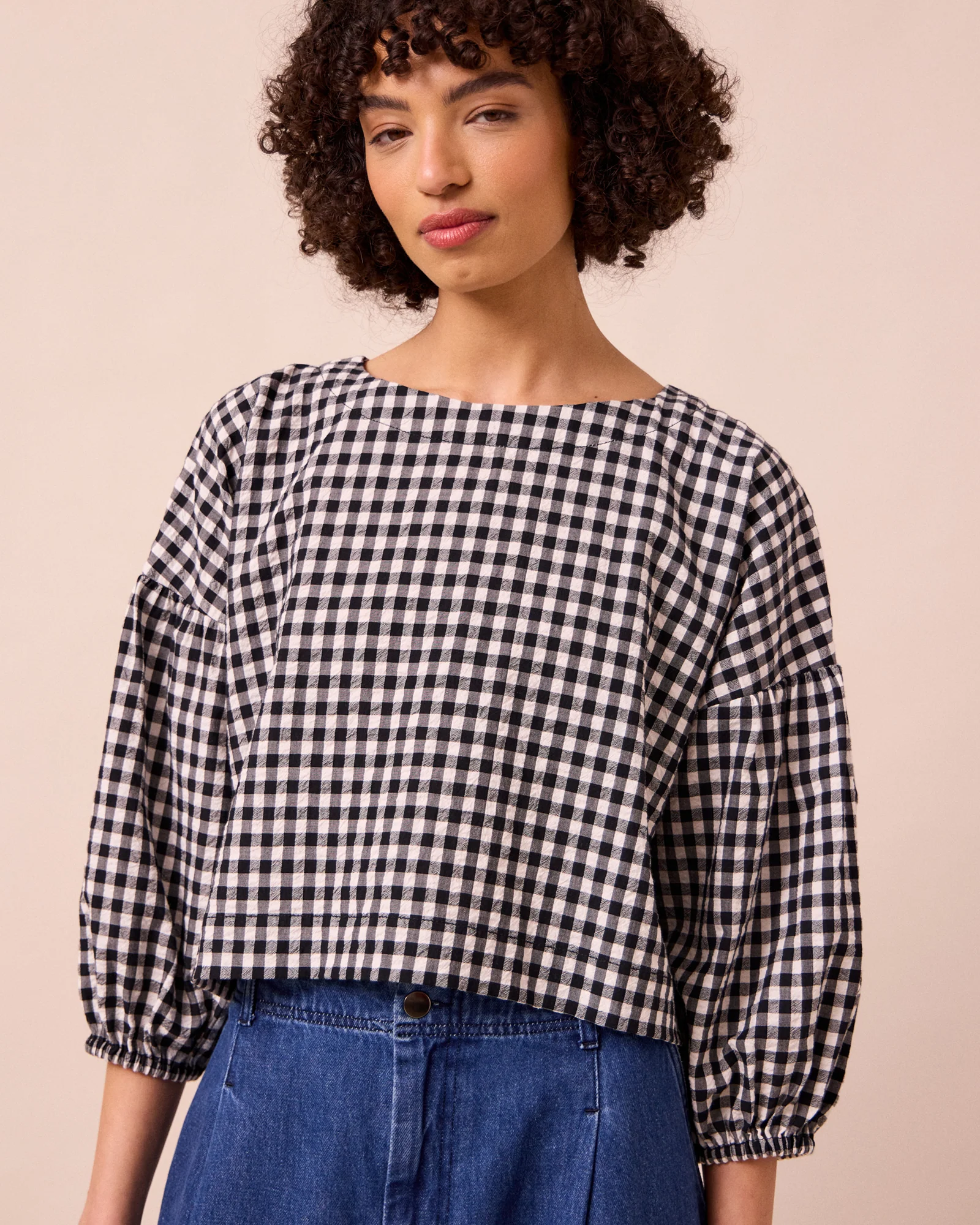 Aisha Black & Ecru Gingham Cotton Seersucker Top