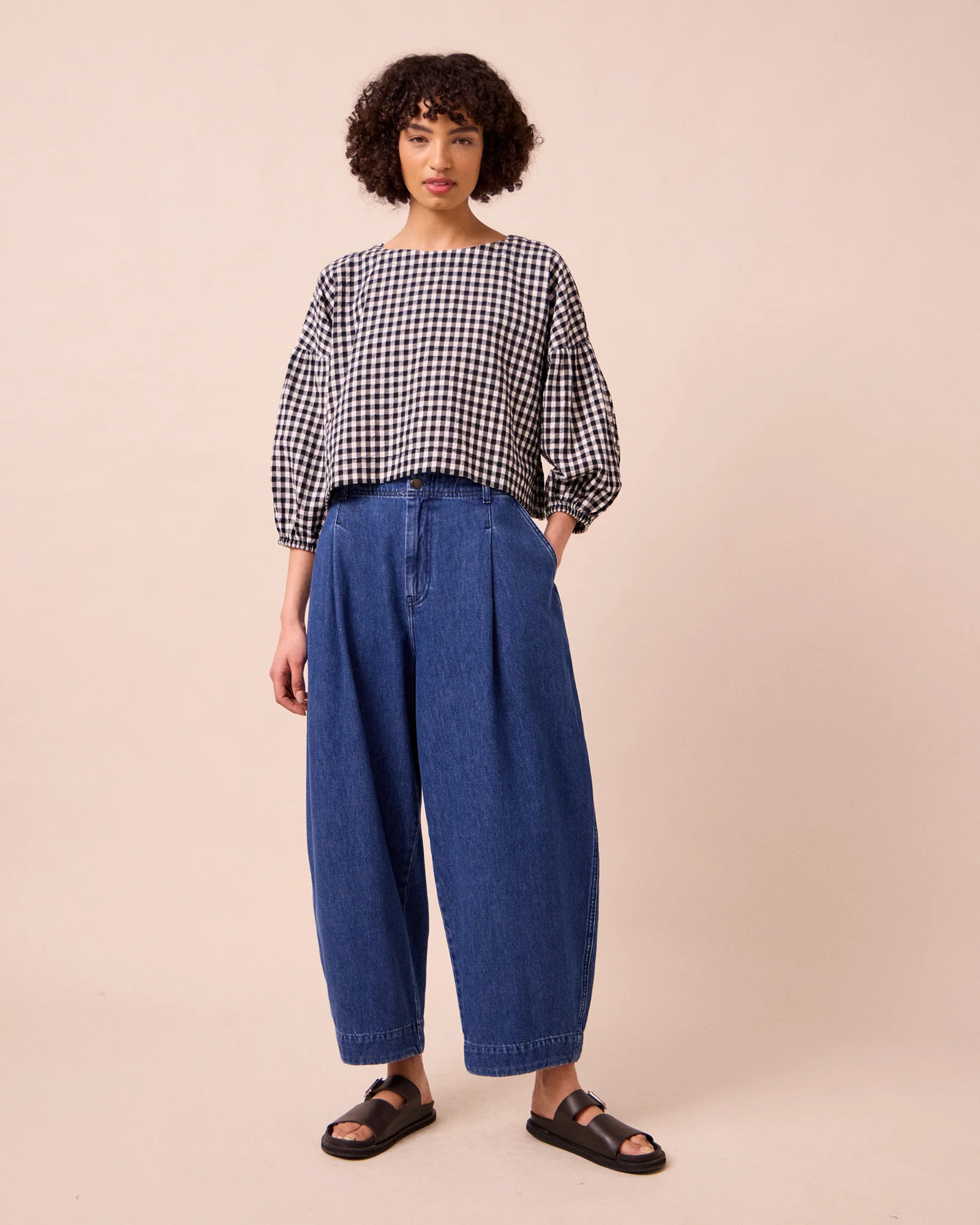 Aisha Black & Ecru Gingham Cotton Seersucker Top - Image 2