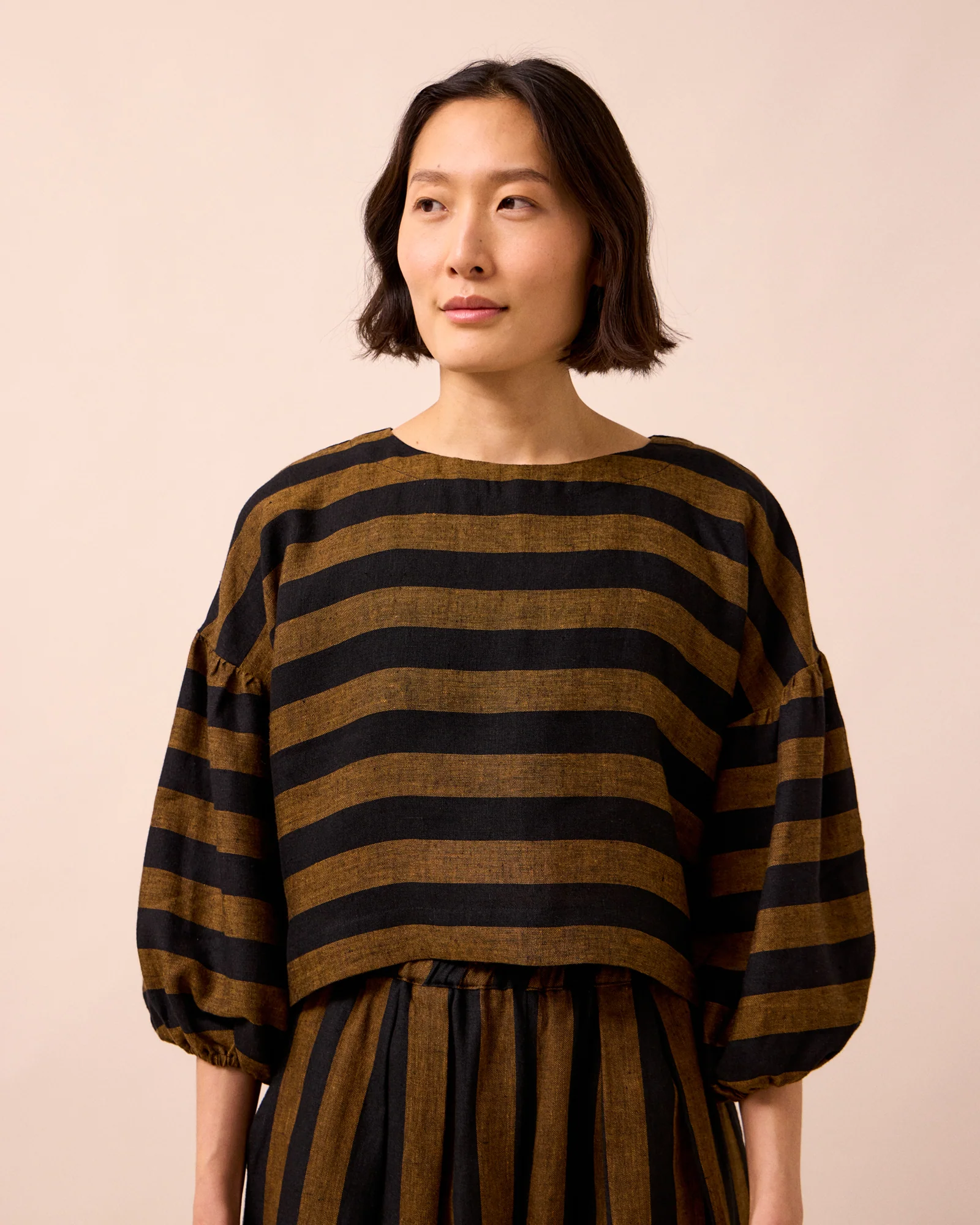 Aisha Rust & Black Stripe Linen Top