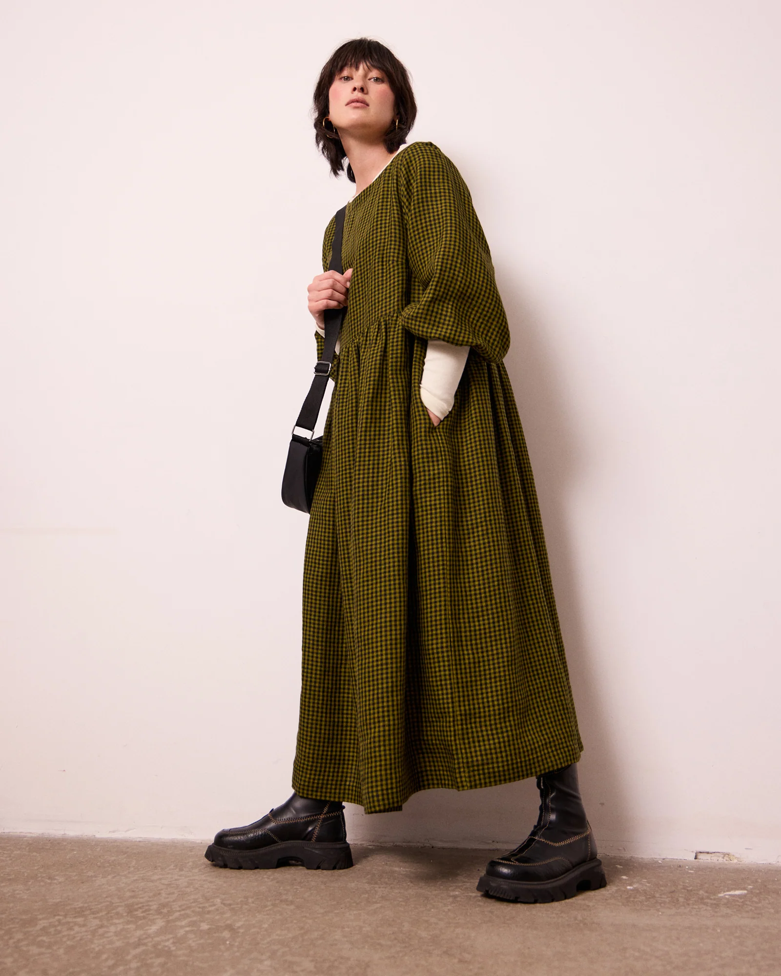 Berlin Fresh Olive Mini Gingham Linen Dress