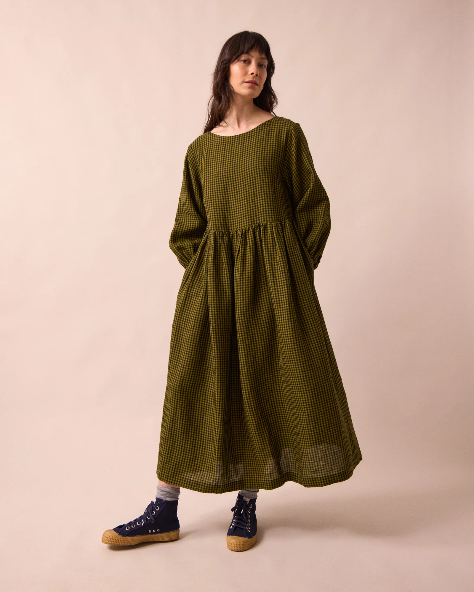 Berlin Fresh Olive Mini Gingham Linen Dress - Image 2
