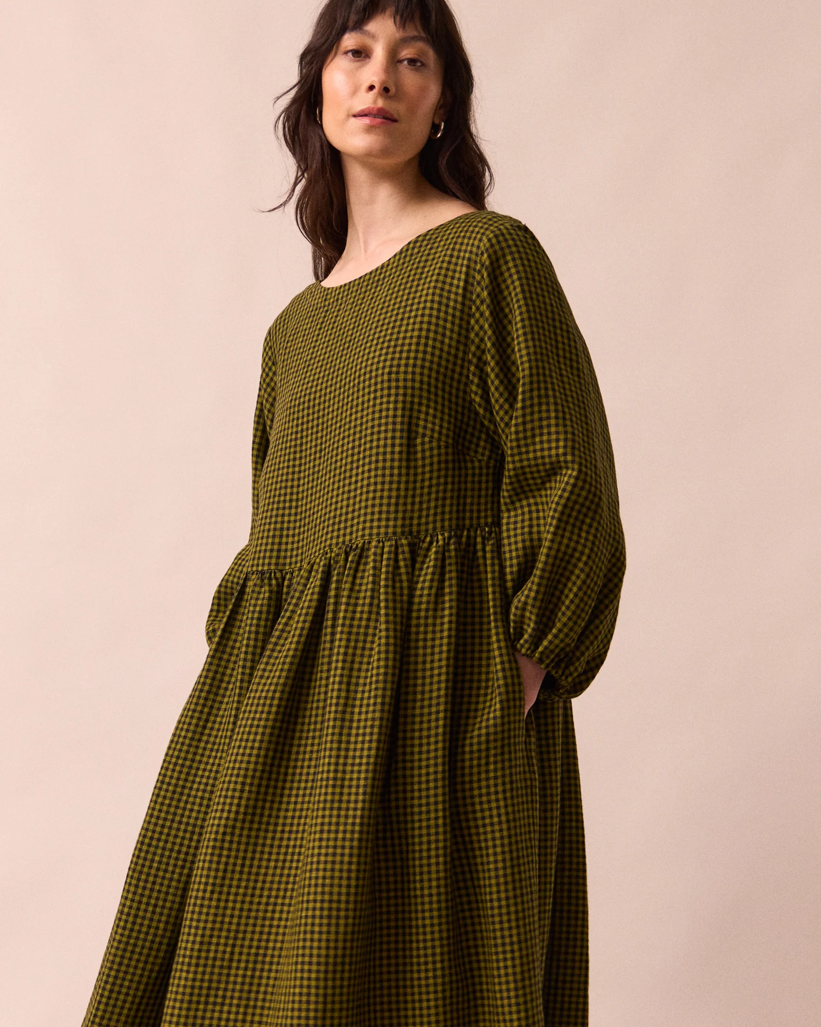 Berlin Fresh Olive Mini Gingham Linen Dress - Image 3