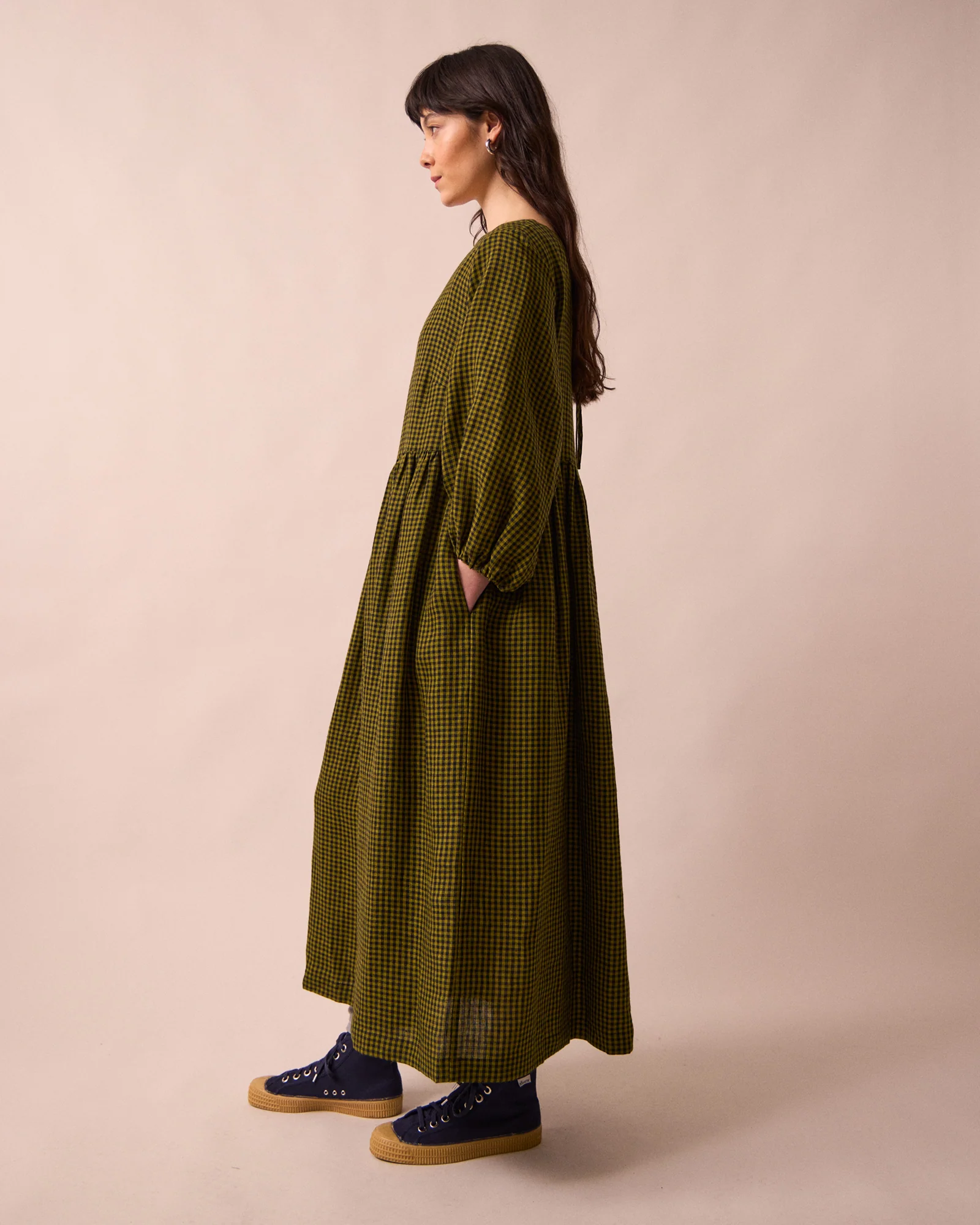 Berlin Fresh Olive Mini Gingham Linen Dress - Image 4