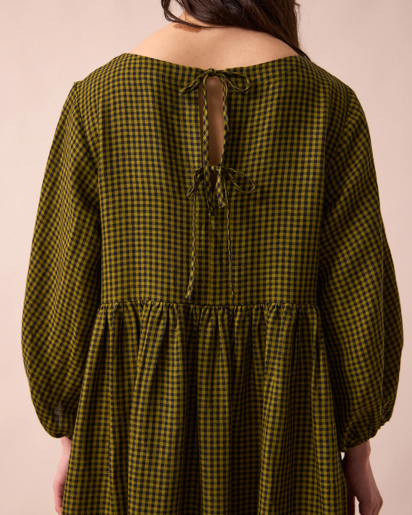 Berlin Fresh Olive Mini Gingham Linen Dress - Image 5