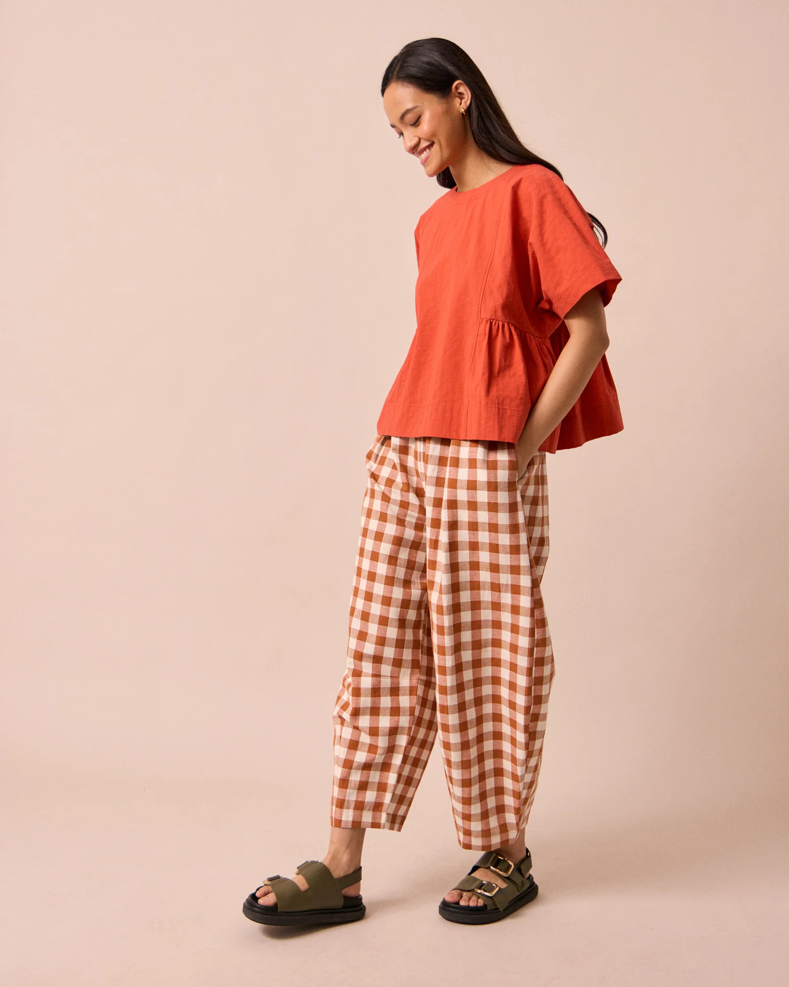 Daisy Amber Check Cotton Linen Trousers - Image 2