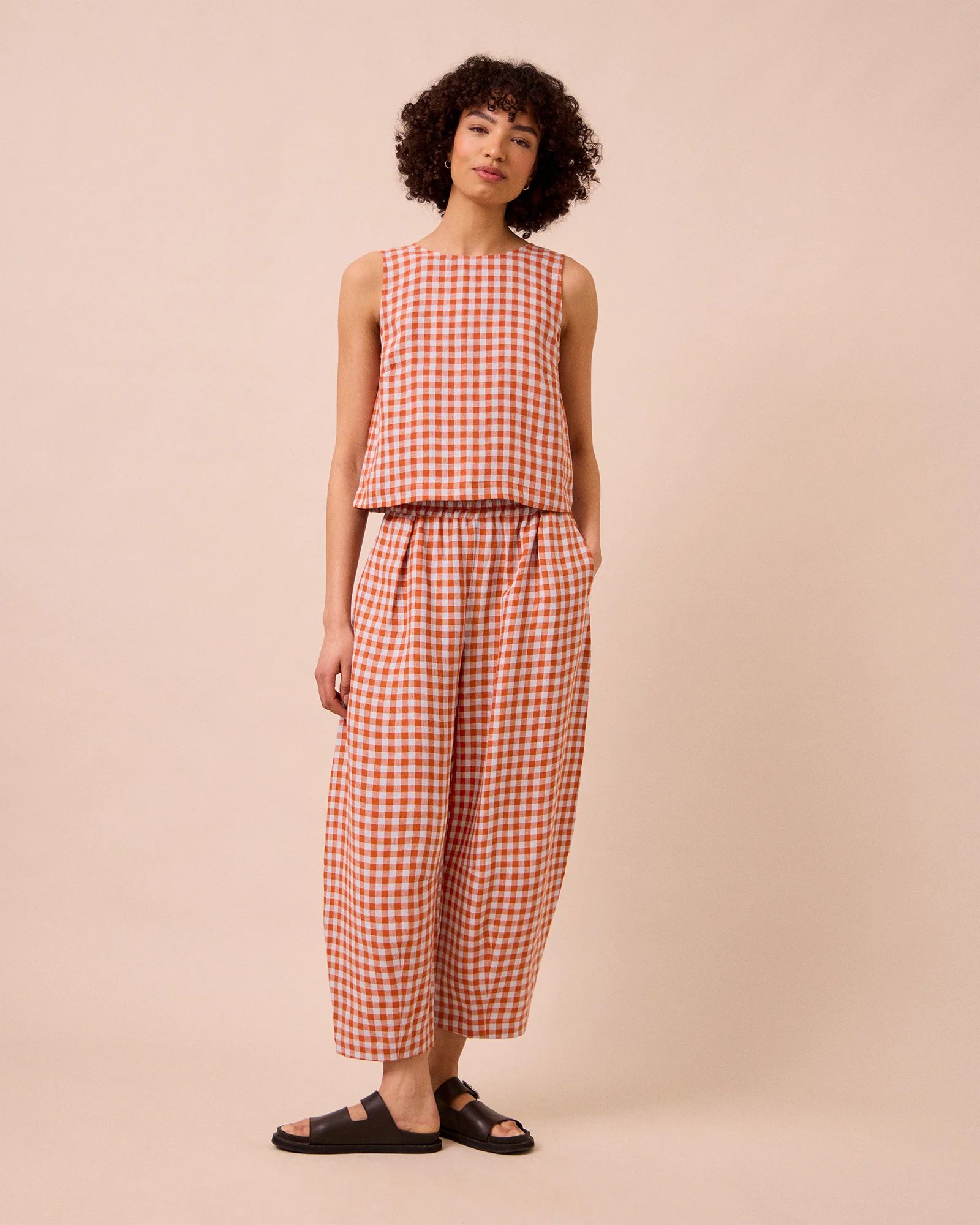 Daisy Burnt Orange Gingham Linen Trousers - Image 2