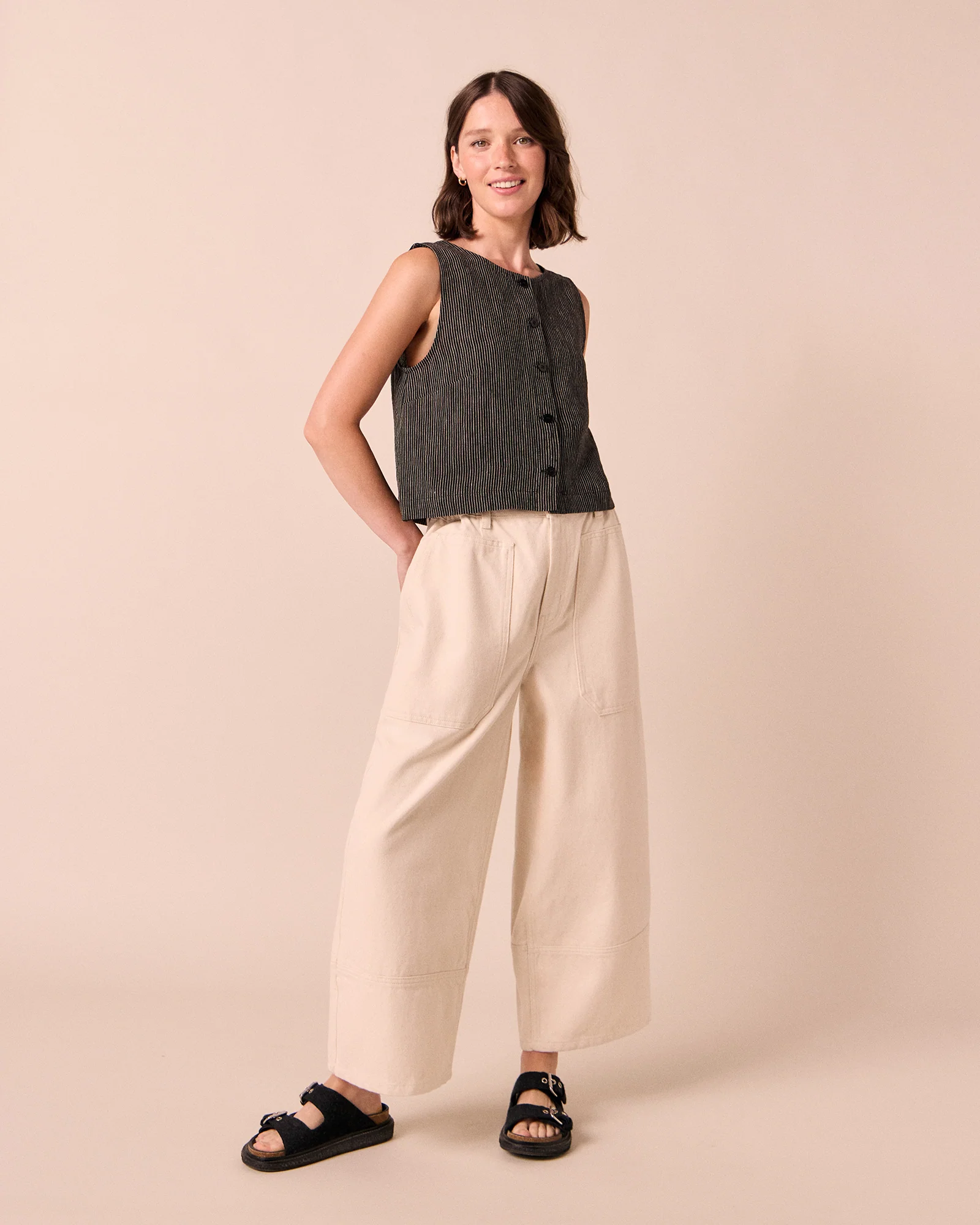 Elodie Black & Ecru Pencil Stripe Linen Top - Image 2