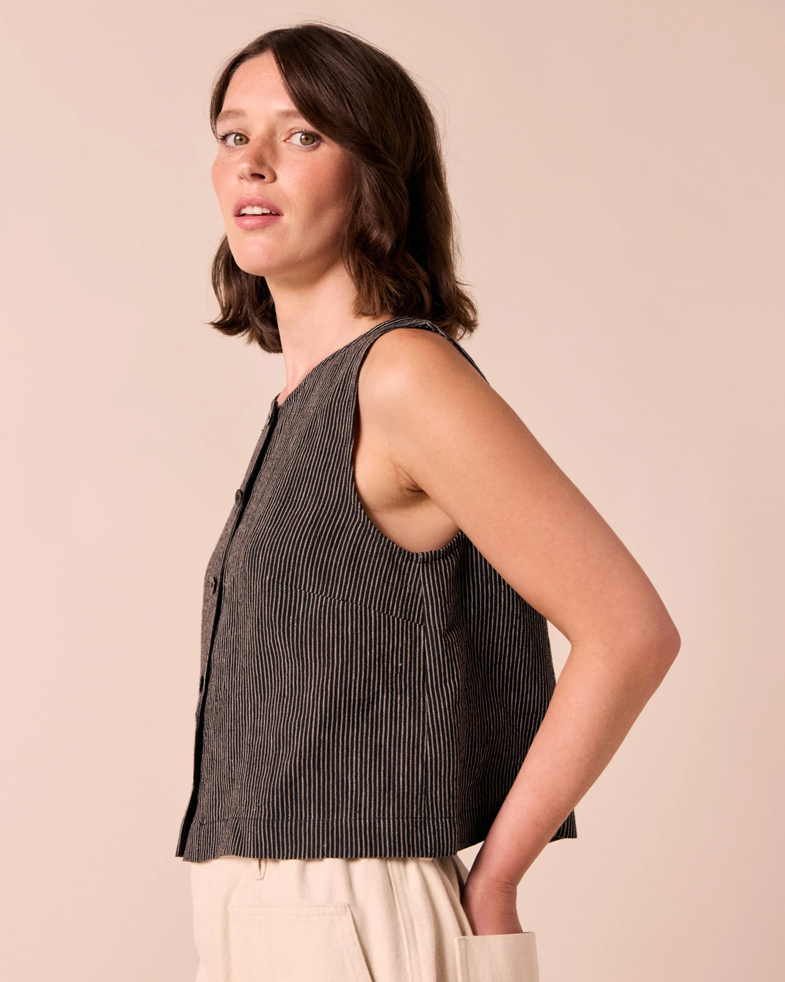 Elodie Black & Ecru Pencil Stripe Linen Top - Image 4