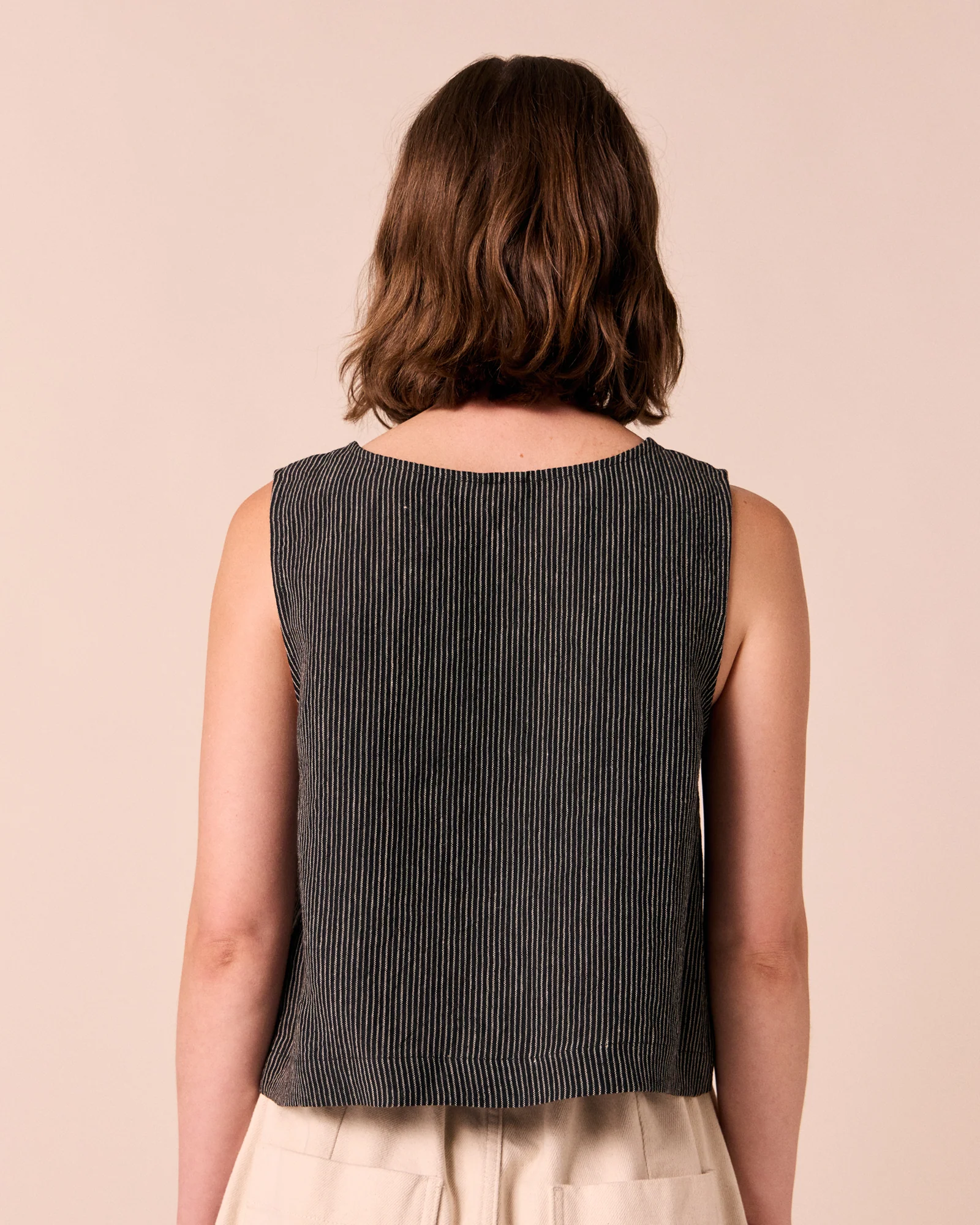 Elodie Black & Ecru Pencil Stripe Linen Top - Image 5