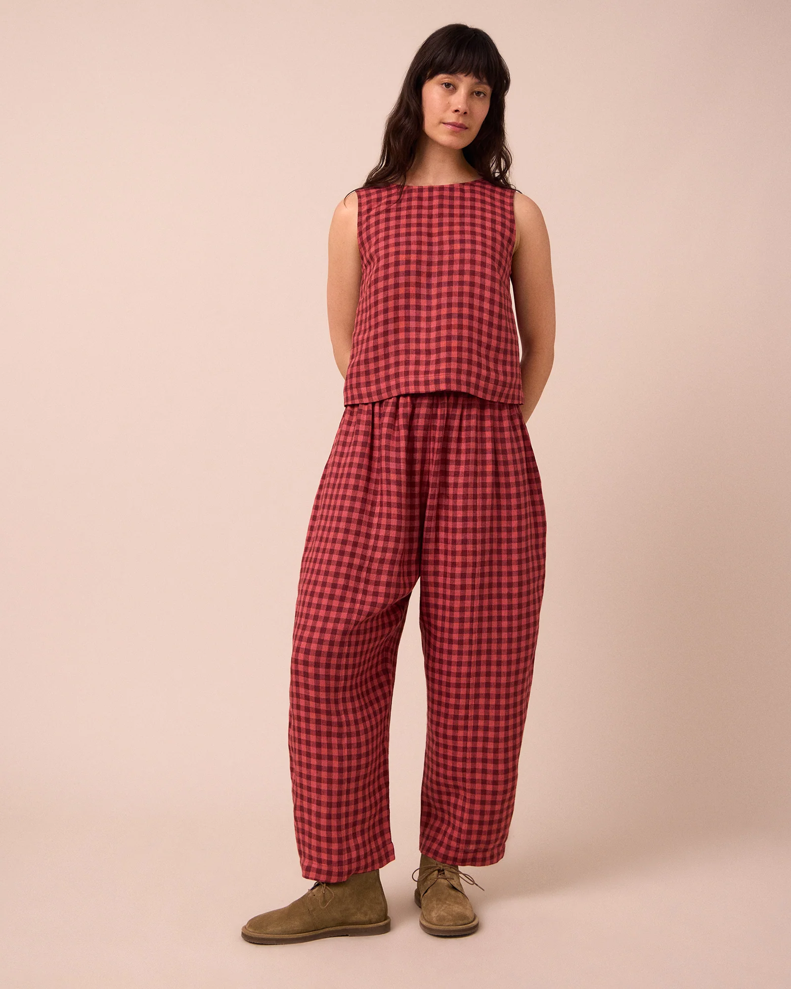 Esme Deep Rose Gingham Linen Top - Image 2