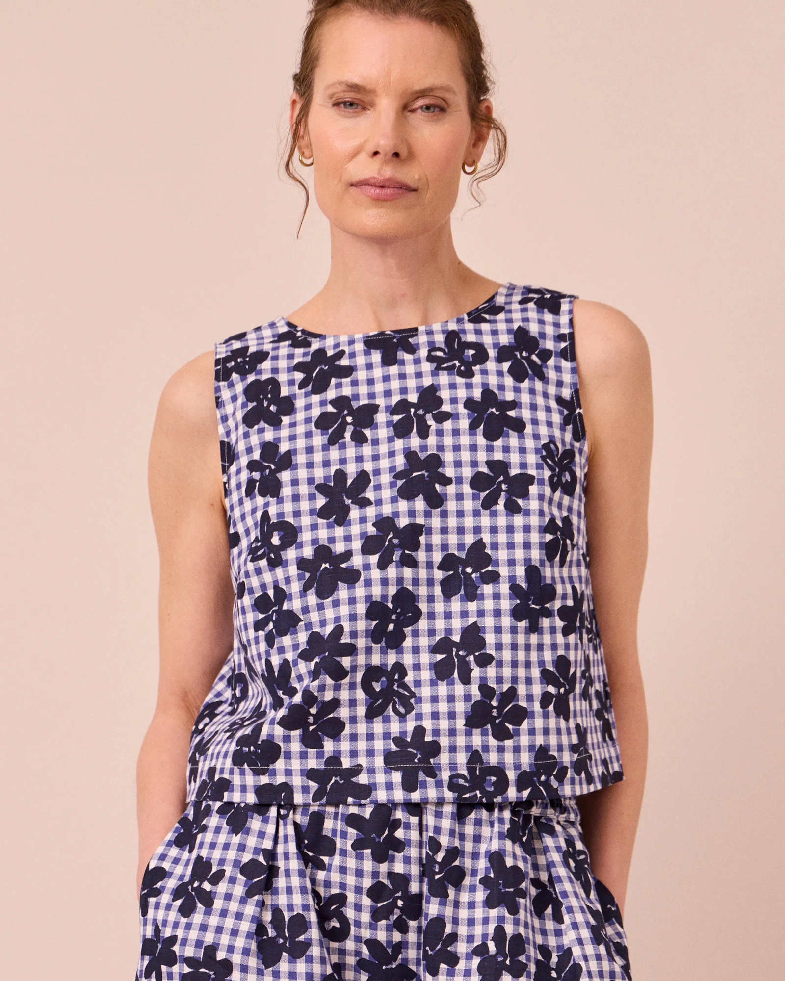 Esme Floral Stamped Gingham Cotton Linen Top