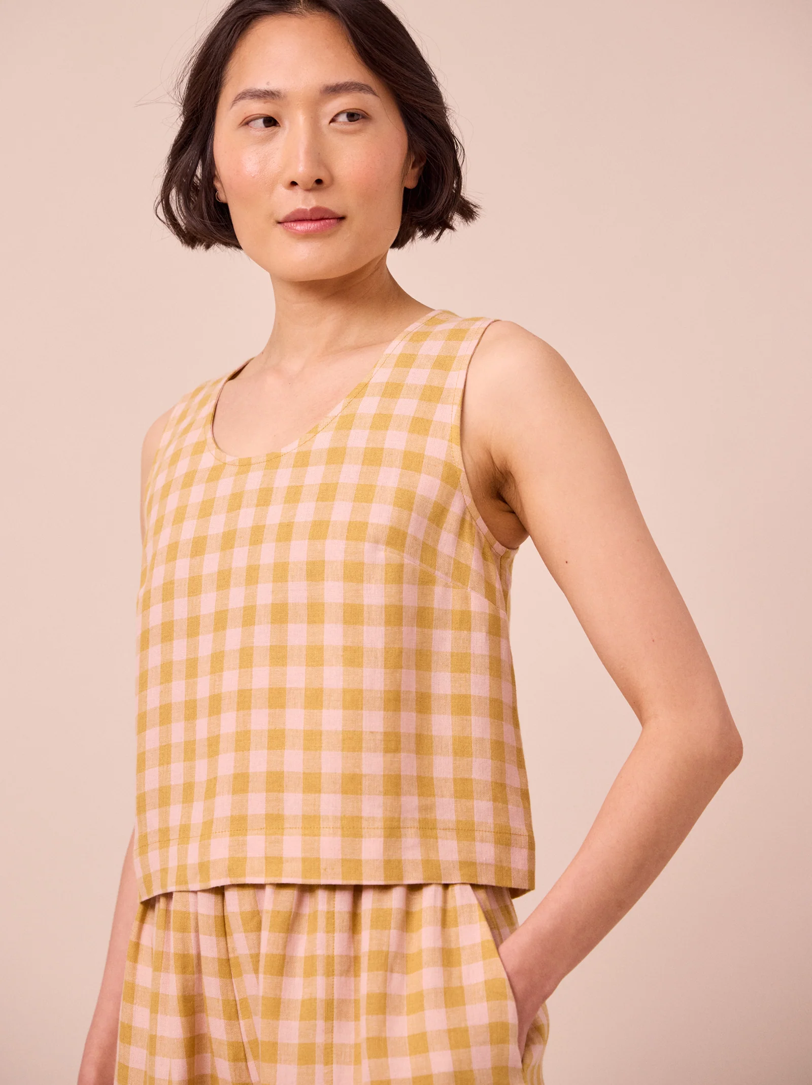 Kim Ochre Gingham Linen Top - Image 3