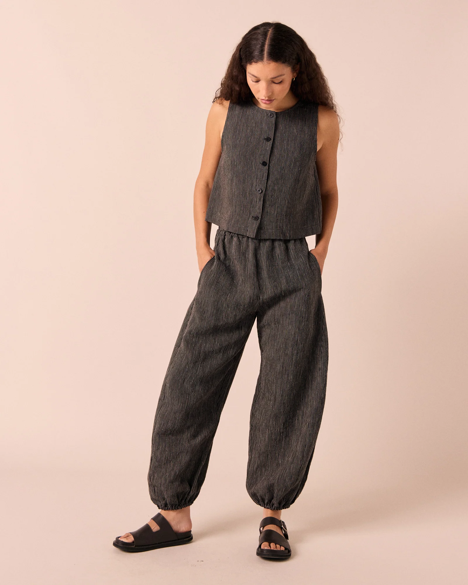 Logan Black & Ecru Pencil Stripe Linen Trousers - Image 2