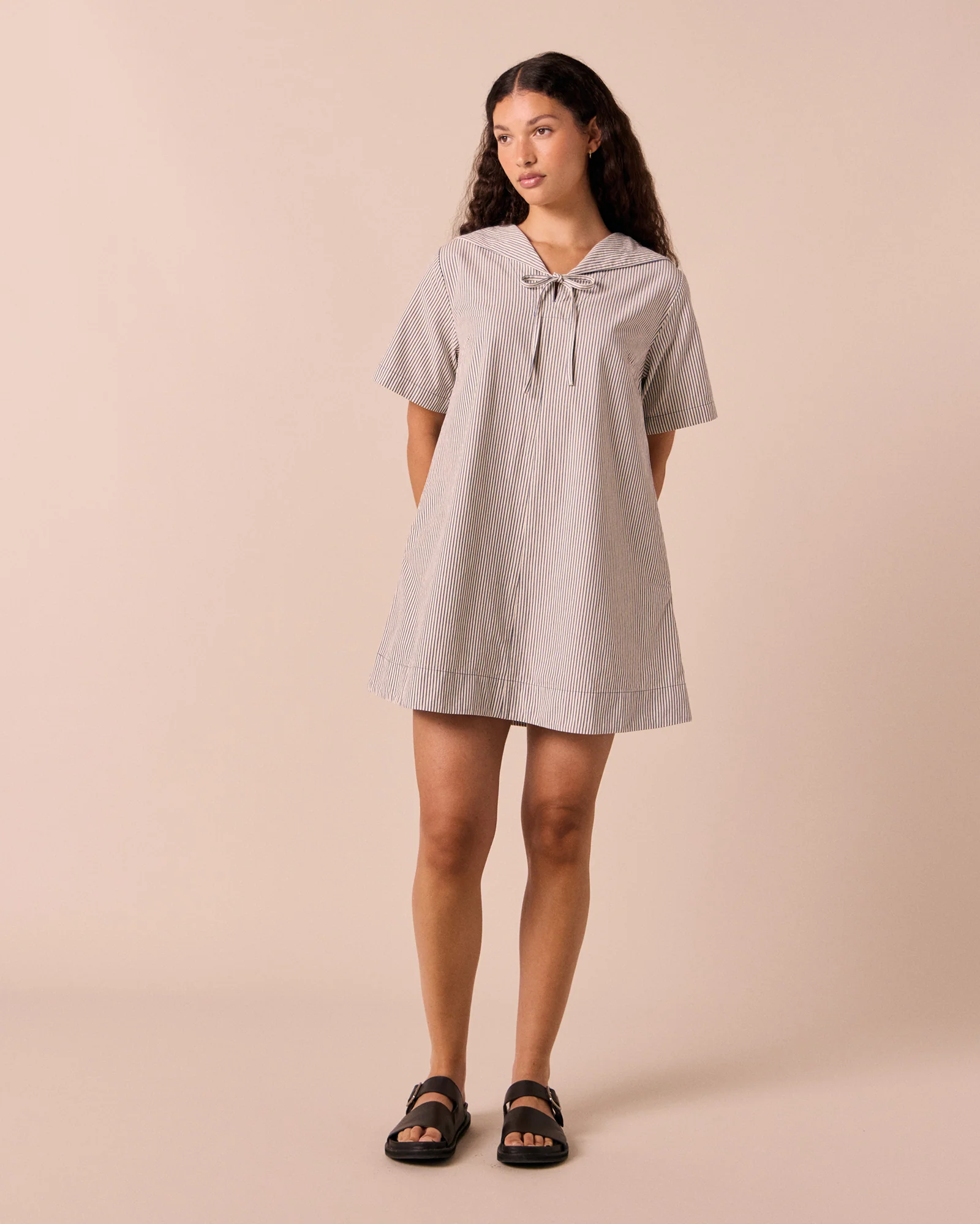 Sylvia Ecru & Blue Stripe Cotton Dress - Image 4
