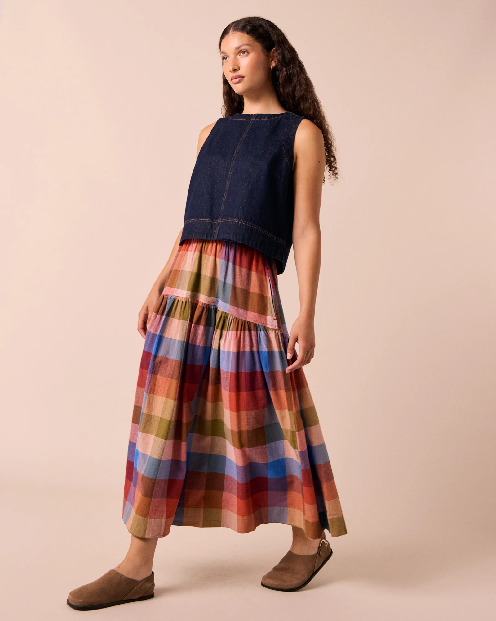 Talia Sundown Check Cotton Linen Skirt - Image 2